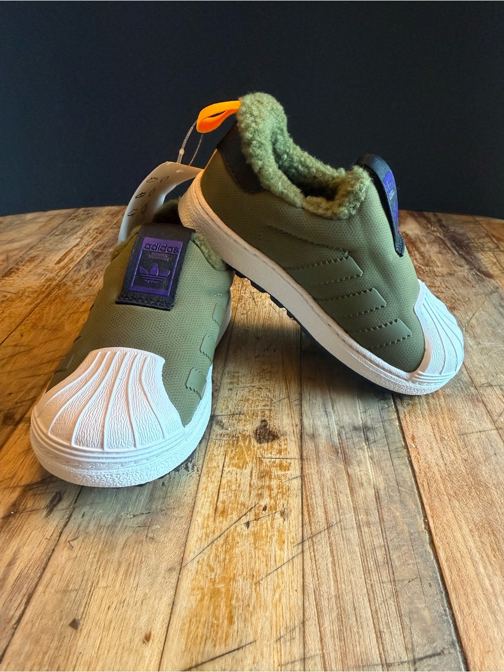adidas Kids Olive Green Slip-On Sneakers with White Shell Toe and Purple Tab